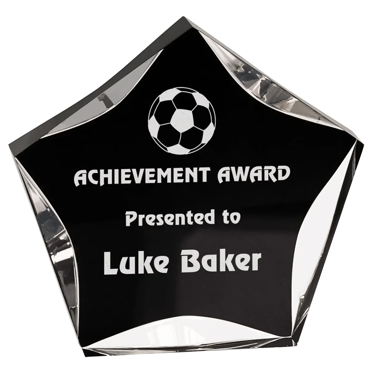Star-shaped glass award with soccer logo and engraved text on a white background