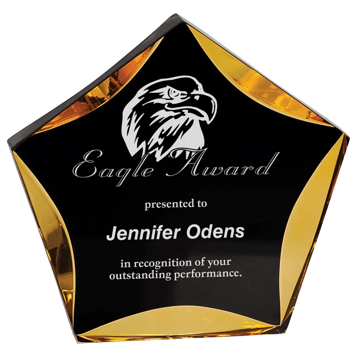 Star-shaped award with gold edges and engraved text on a black background
