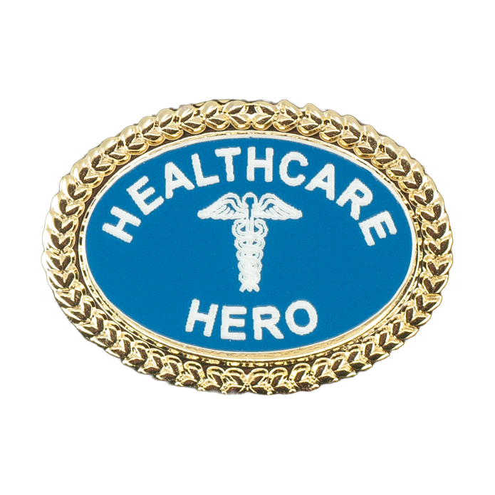 An oval-shaped laser engraved pin with a gold-tone chain-link border, featuring a blue center with the words 'HEALTHCARE HERO' in white and a white caduceus symbol in the middle.