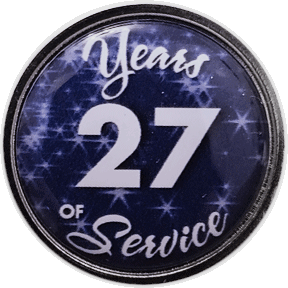 27 Years Silver and Blue Stars Years of Service Pin, Choose Post/Clutch or Magnet Back