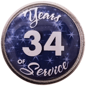 34 Years Silver and Blue Stars Years of Service Pin, Choose Post/Clutch or Magnet Back