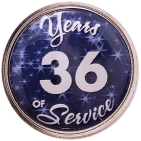36 Years Silver and Blue Stars Years of Service Pin, Choose Post/Clutch or Magnet Back